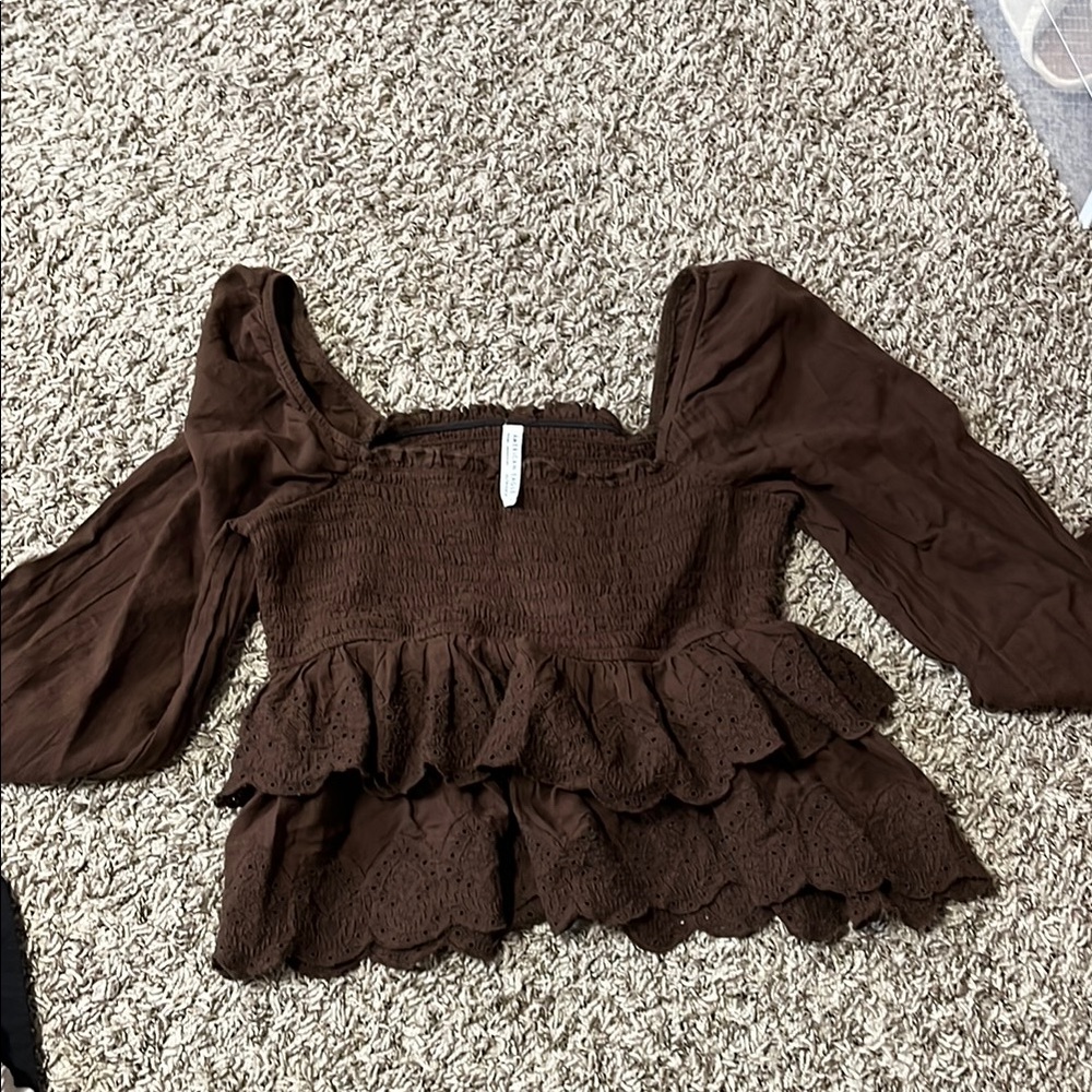 American Eagle Outfitters Brown Puff Sleeve Smocked Blouse